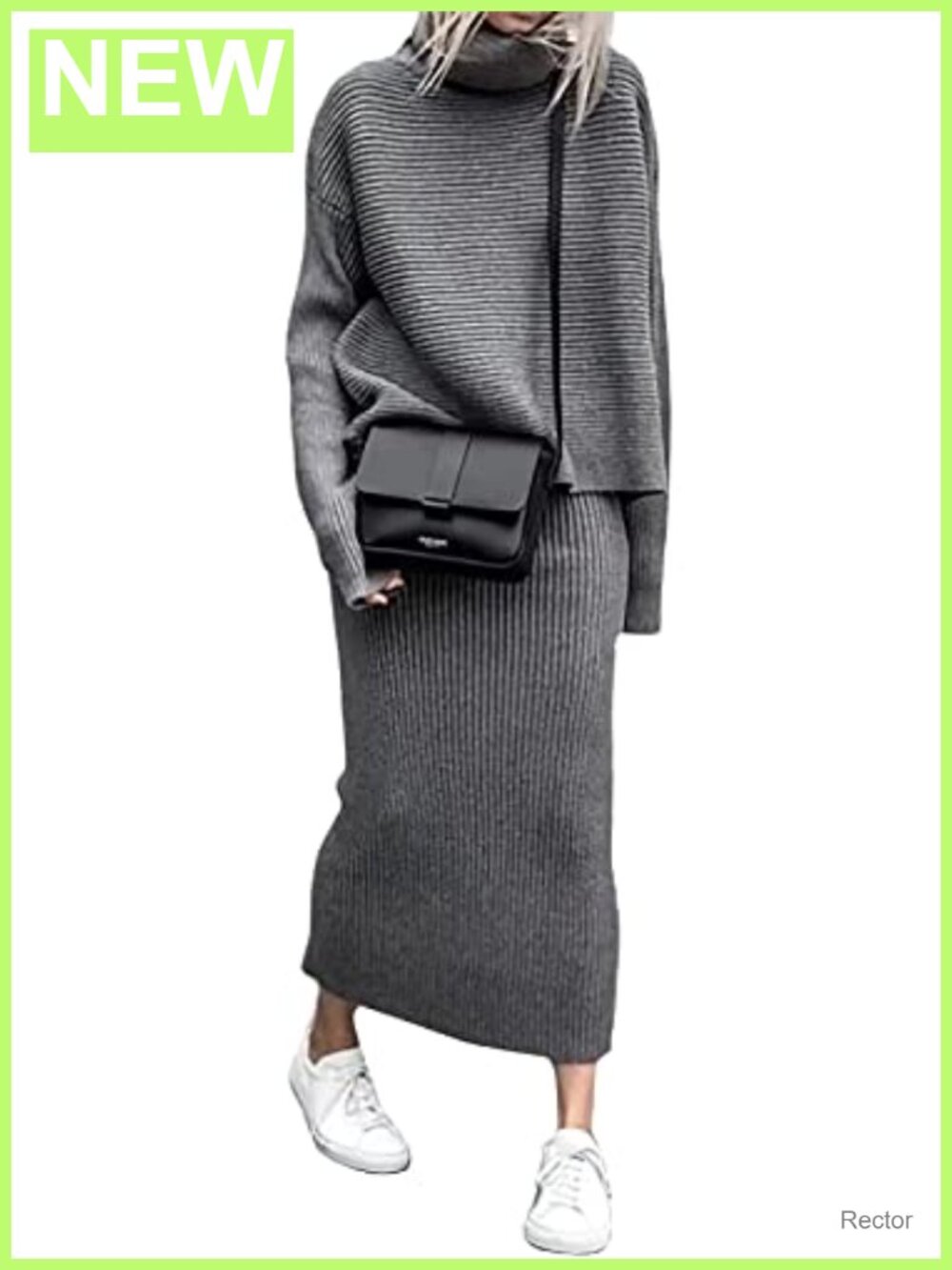 Acrylic Ribbed Knit Turtleneck Sweater & Maxi Skirt 2 Piece Set